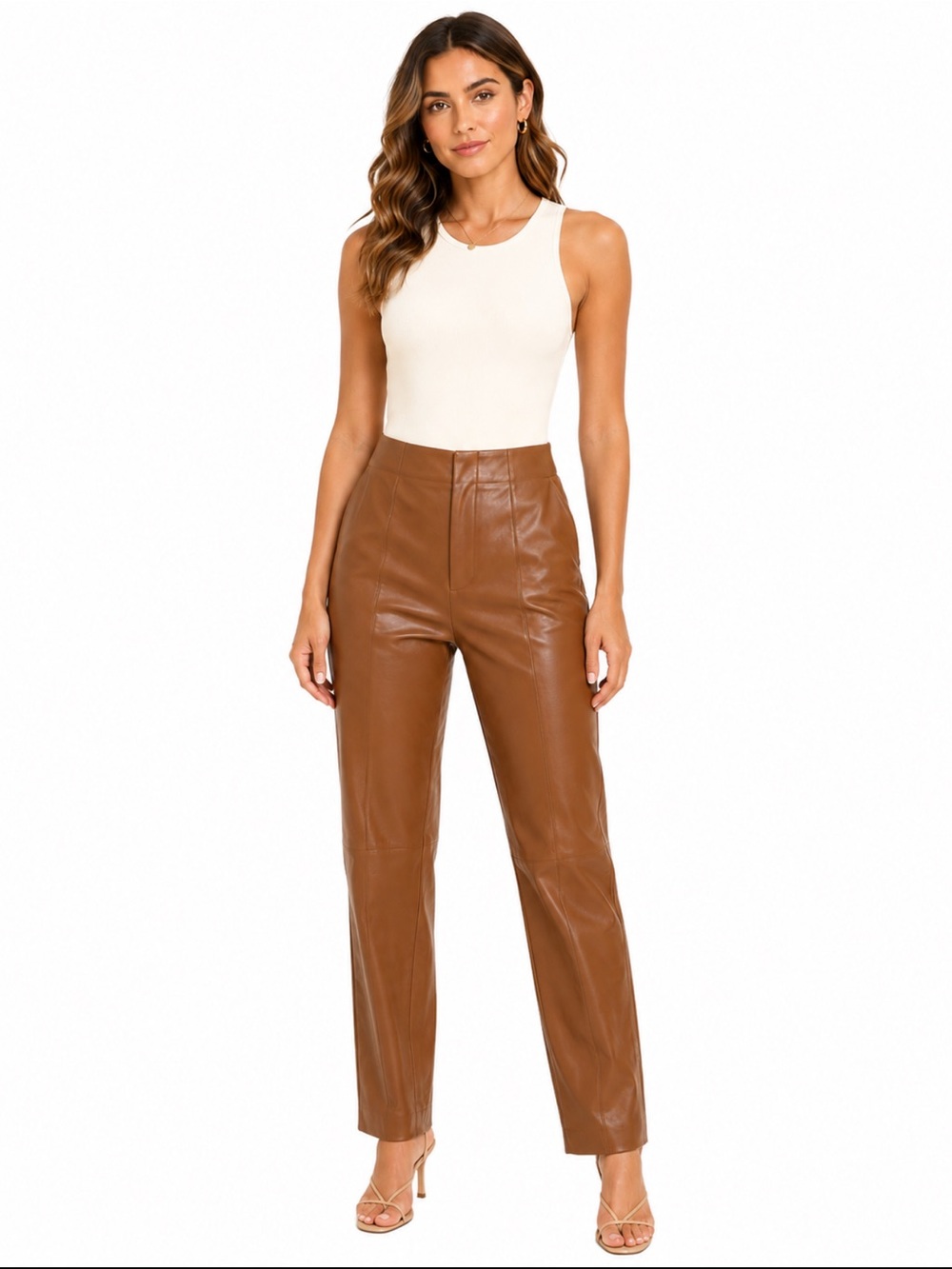 Zara Brown Faux Leather High Rise Straight Leg Pants Size L 30 Minimalist Y2K